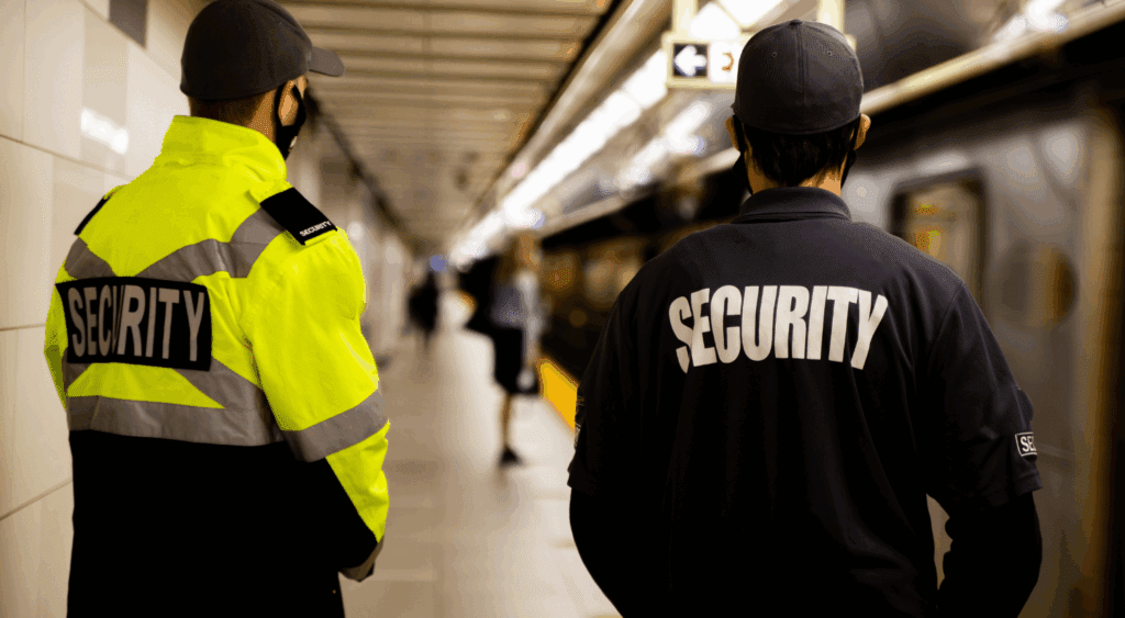Security personnel on duty in subway station.