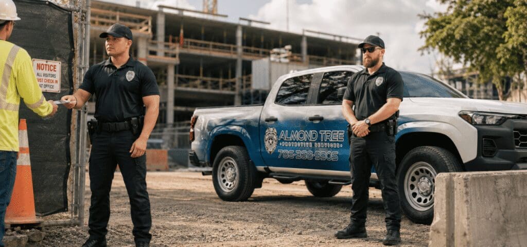 Construction site security officers controlling access at a Florida job site