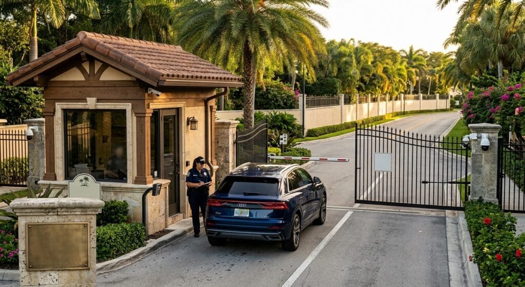 Security guard services in Doral: officer at the entrance to a gated residential community