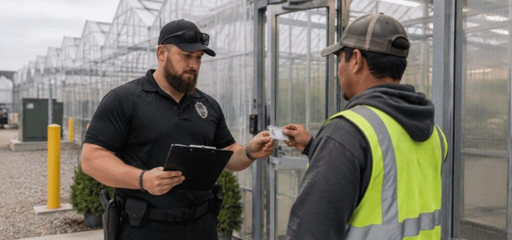 Licensed security officer checking credentials at a Florida