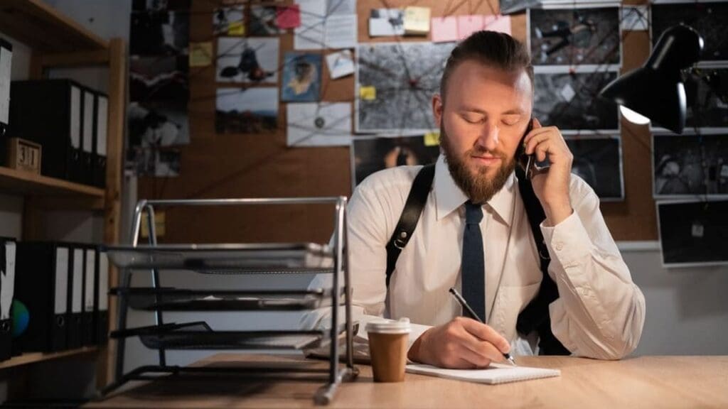 Private investigator on a phone call taking notes at a desk in front of a case board