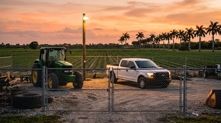 Padlocked farm gate at dusk with a tractor and a pickup parked behind it