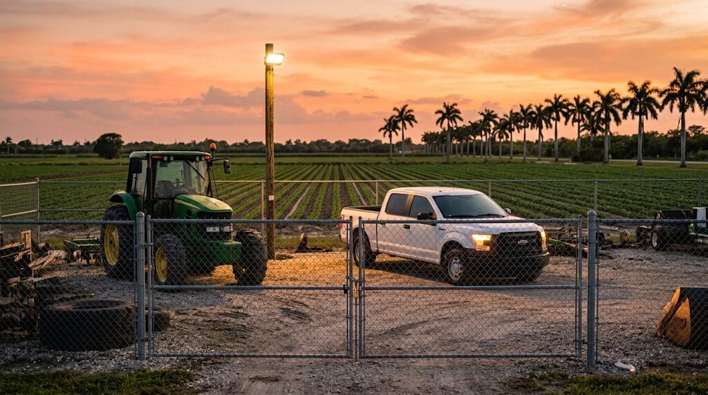 Padlocked farm gate at dusk with a tractor and a pickup parked behind it