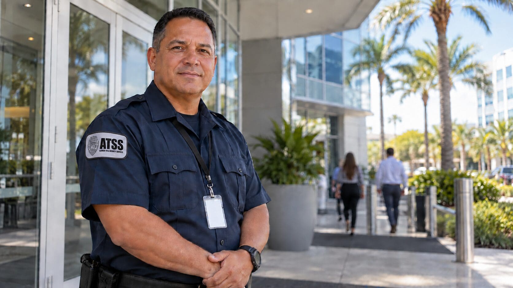 Security officer on post at the glass entrance of a modern building