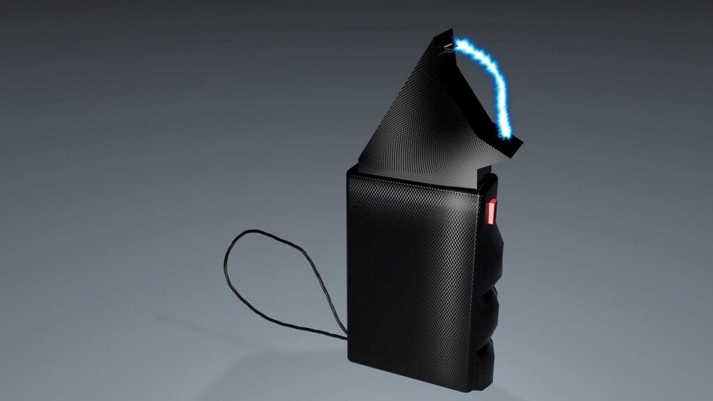 Handheld stun device showing a blue electric arc against a dark background