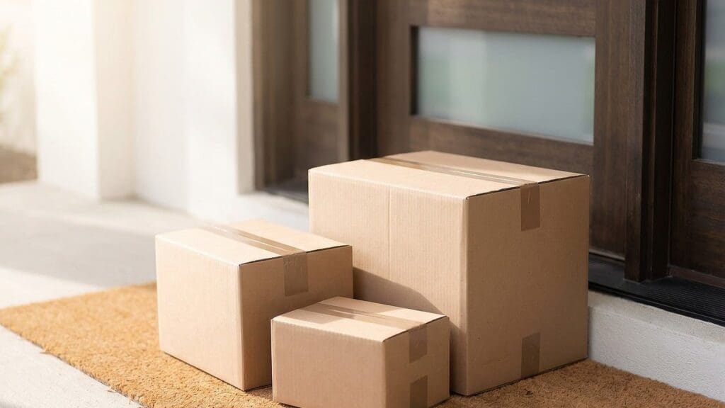 Three cardboard delivery boxes left on a doormat outside a front door